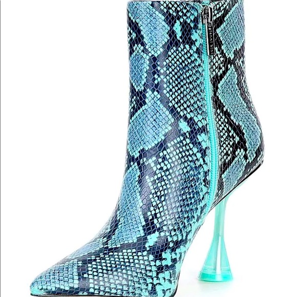 New Gianni Bini Fawlie Snake Print Leather Clear Flared Heel Booties - Picture 5 of 15